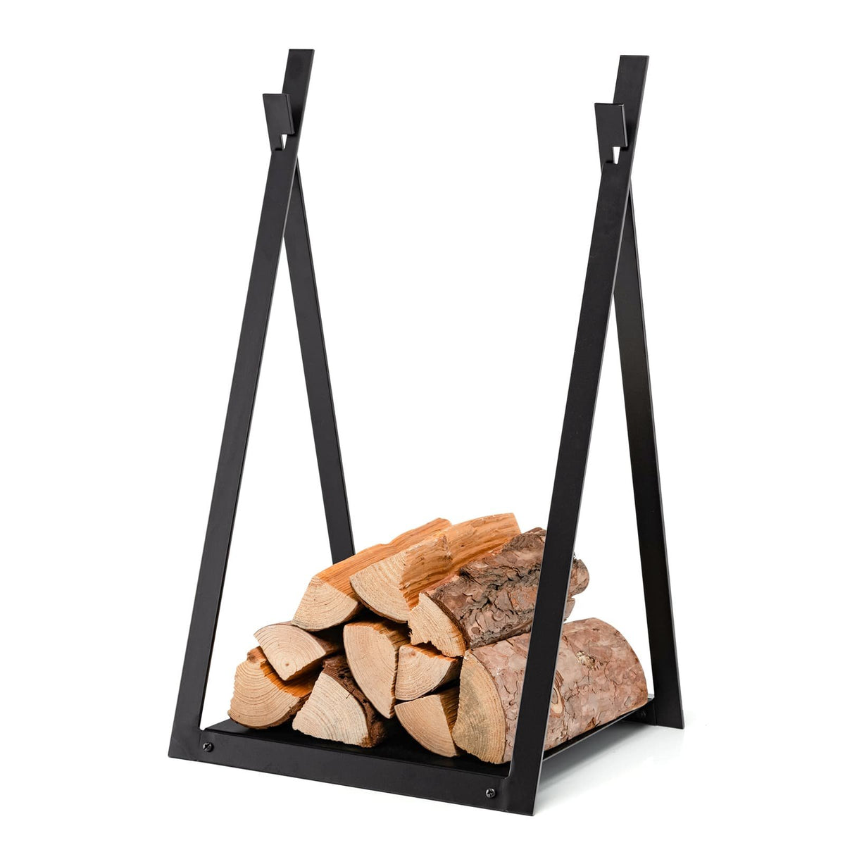 Triangle Firewood Rack with Raised Base for Fireplace Fire Pit-Black view 8