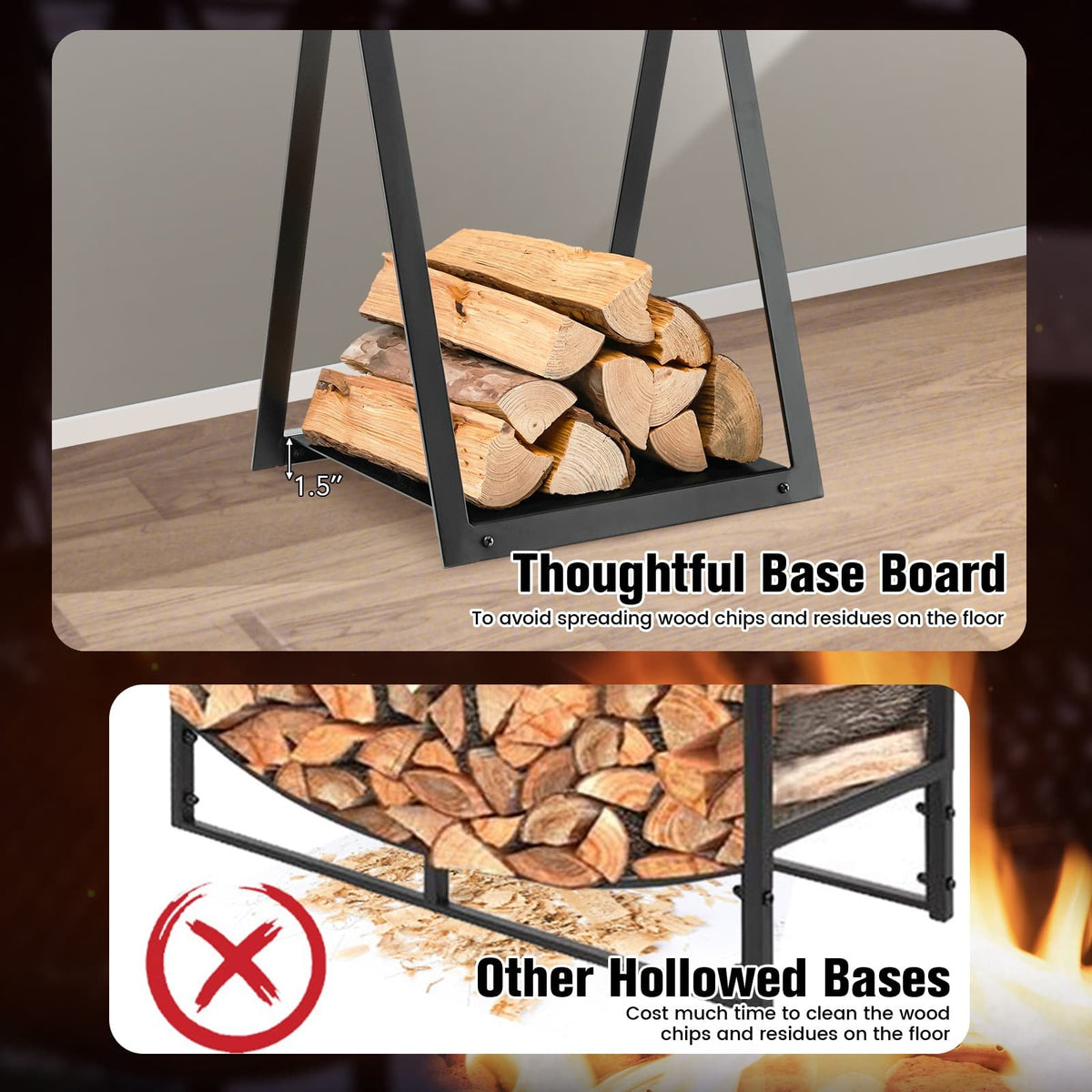 Triangle Firewood Rack with Raised Base for Fireplace Fire Pit-Black view 9