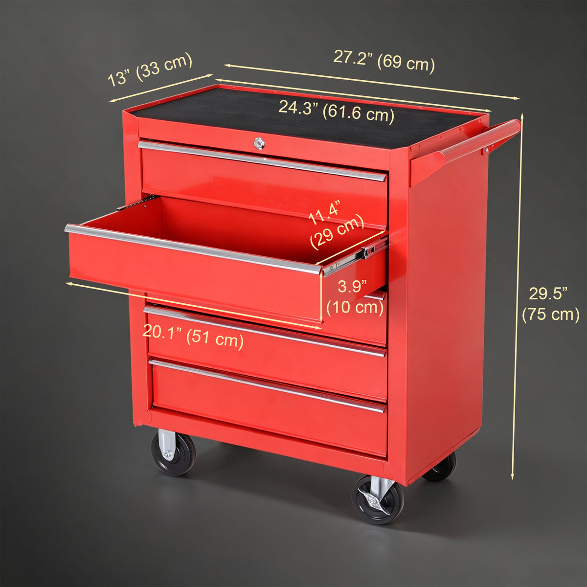 5 Drawer Roller Tool Chest, Mobile Lockable Toolbox, Storage Organizer with Handle for Workshop Mechanics Garage, Red