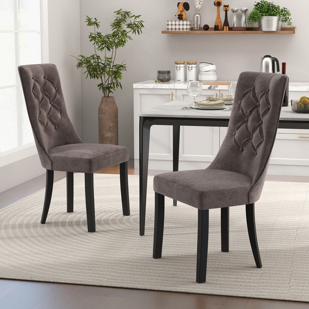 Tufted Dining Chairs Set of 2 with High Backrest and Padded Seat-Gray view 2