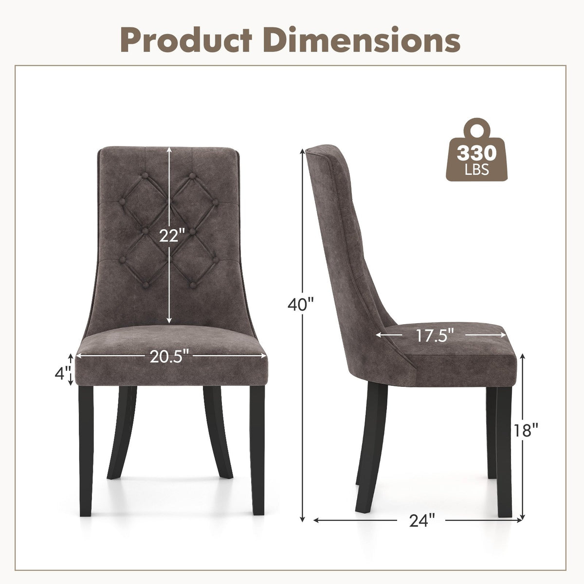 Tufted Dining Chairs Set of 2 with High Backrest and Padded Seat-Gray view 4