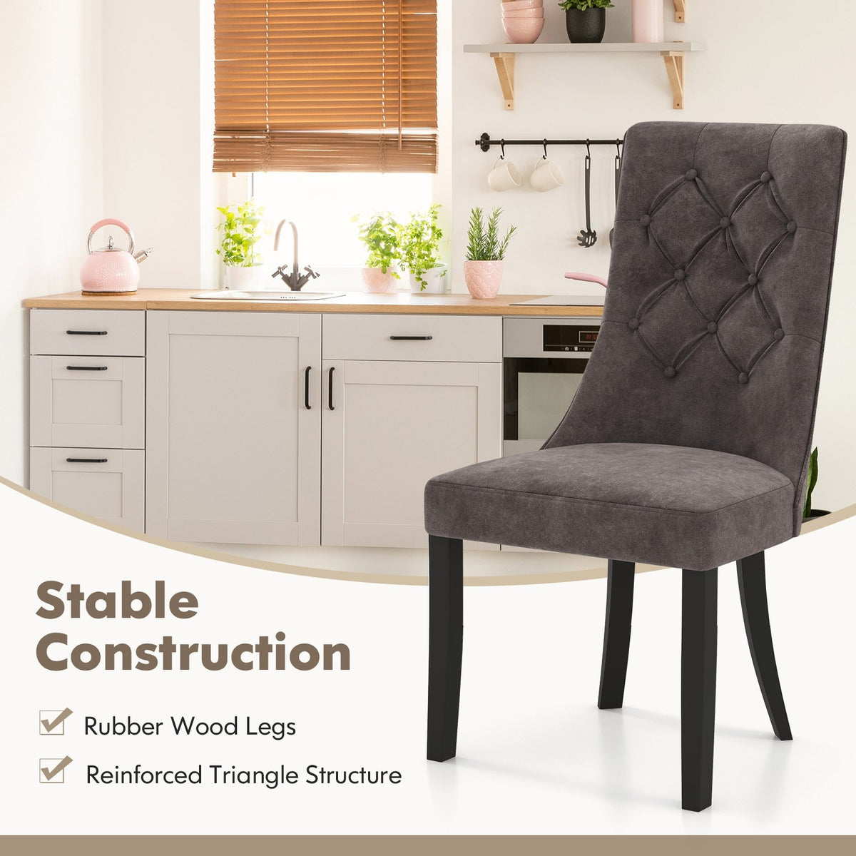 Tufted Dining Chairs Set of 2 with High Backrest and Padded Seat-Gray view 8