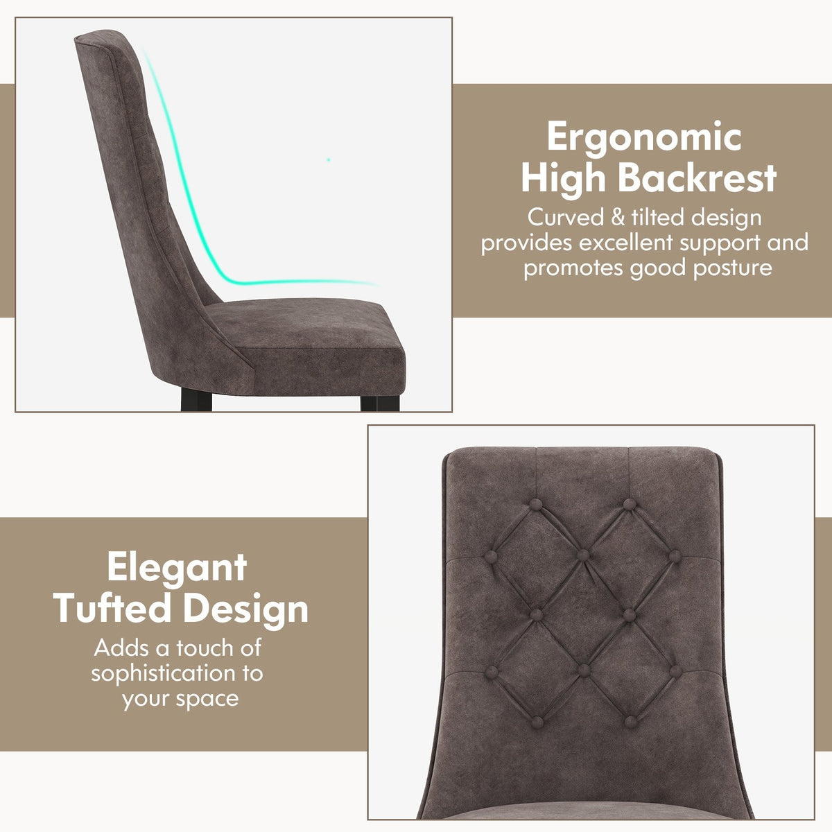 Tufted Dining Chairs Set of 2 with High Backrest and Padded Seat-Gray view 9