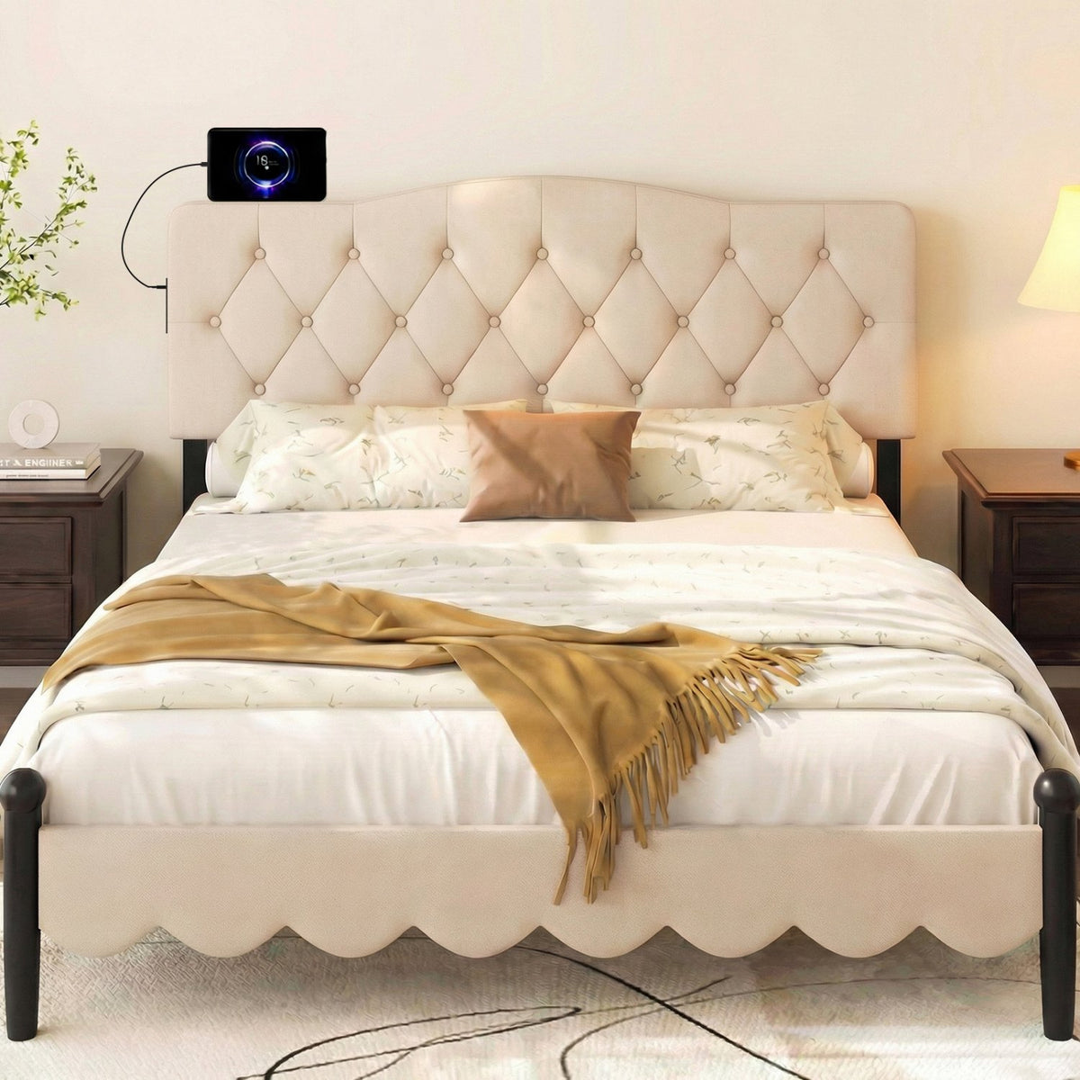 Tufted Upholstered Head Board for Queen and Full Size Bed with 2 AC Outlets-Beige view 2