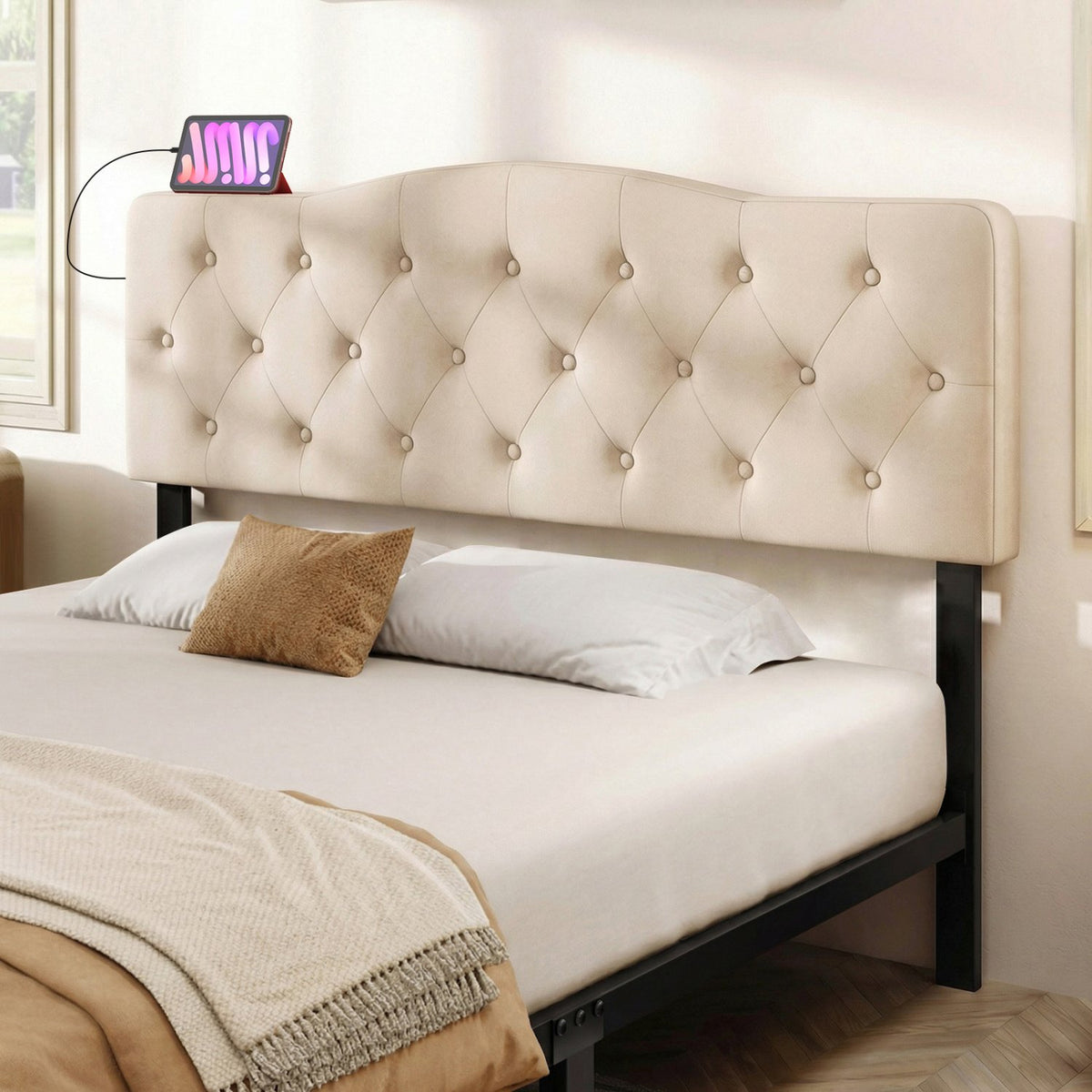 Tufted Upholstered Head Board for Queen and Full Size Bed with 2 AC Outlets-Beige view 3