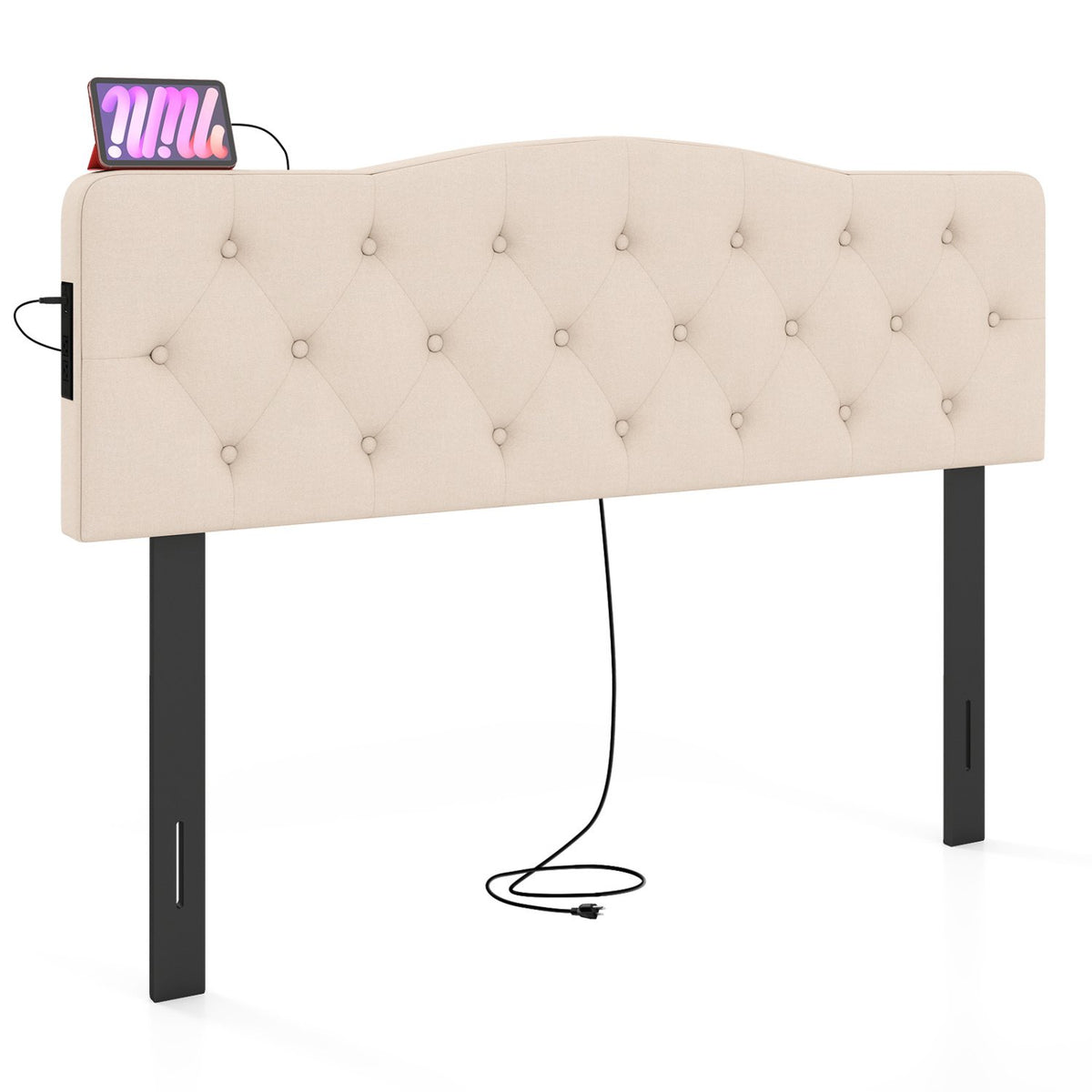 Tufted Upholstered Head Board for Queen and Full Size Bed with 2 AC Outlets-Beige view 4