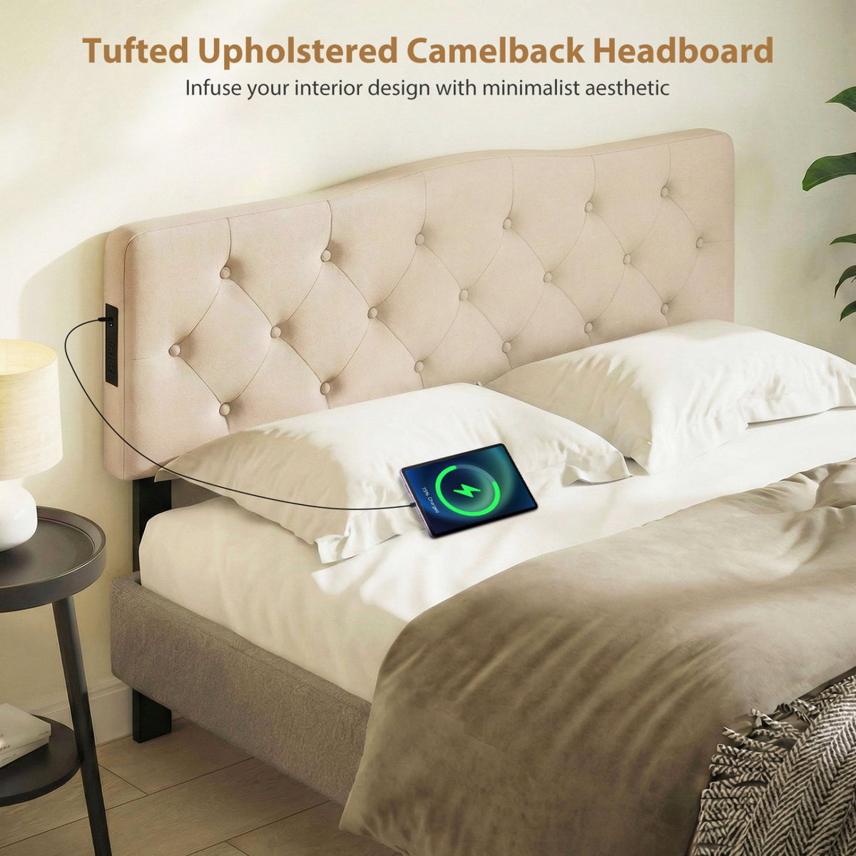 Tufted Upholstered Head Board for Queen and Full Size Bed with 2 AC Outlets-Beige view 8