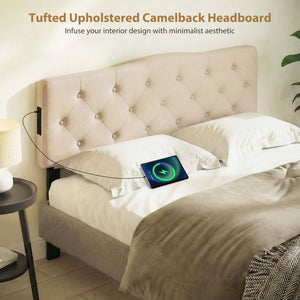 Tufted Upholstered Head Board for Queen and Full Size Bed with 2 AC Outlets-Beige view 8