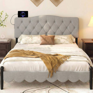 Tufted Upholstered Head Board for Queen and Full Size Bed with 2 AC Outlets-Gray view 2