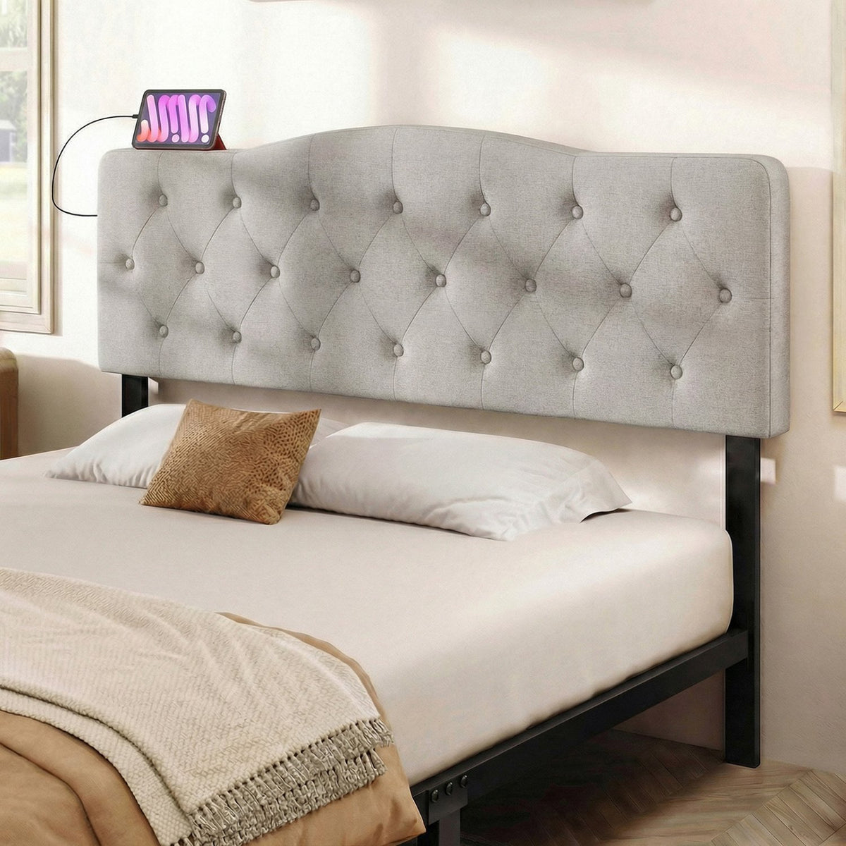 Tufted Upholstered Head Board for Queen and Full Size Bed with 2 AC Outlets-Gray view 3