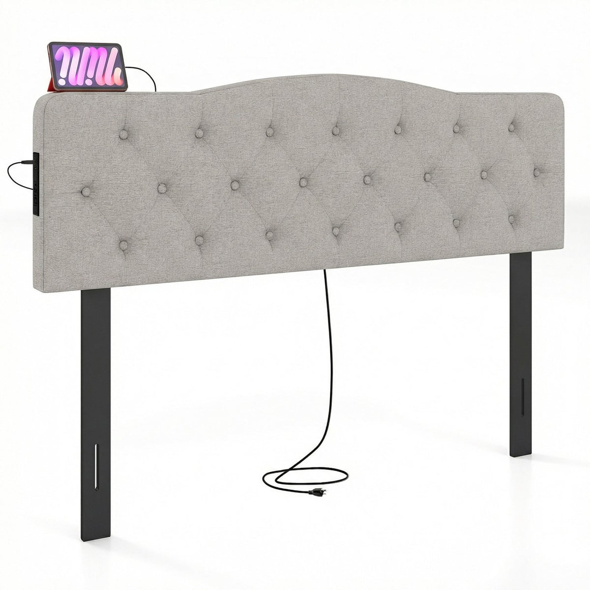 Tufted Upholstered Head Board for Queen and Full Size Bed with 2 AC Outlets-Gray view 4