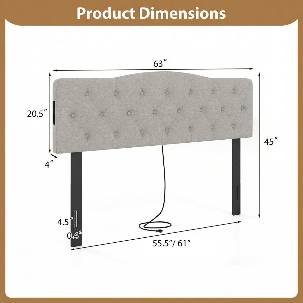 Tufted Upholstered Head Board for Queen and Full Size Bed with 2 AC Outlets-Gray view 5