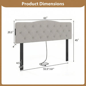 Tufted Upholstered Head Board for Queen and Full Size Bed with 2 AC Outlets-Gray view 5