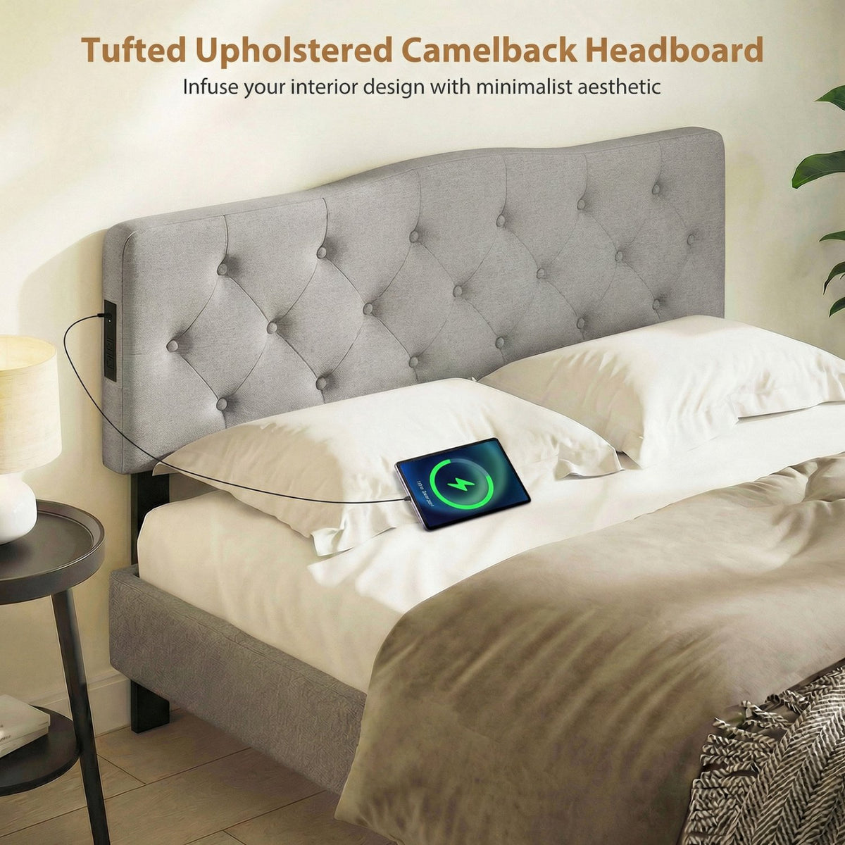 Tufted Upholstered Head Board for Queen and Full Size Bed with 2 AC Outlets-Gray view 8