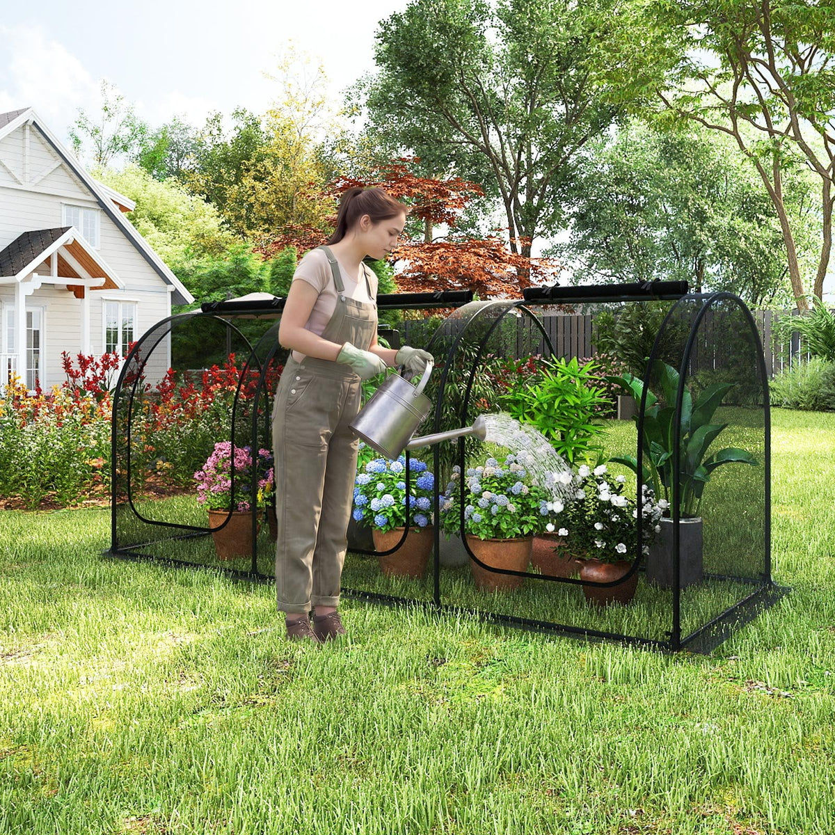 Tunnel Crop Cage Large Portable Plant Protection Tent with 3 Roll-up Zippered Doors view 3