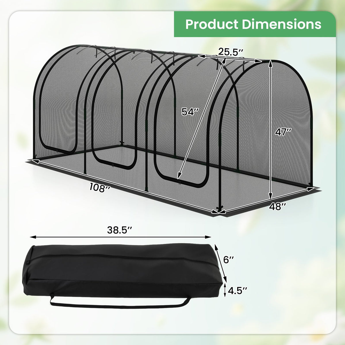 Tunnel Crop Cage Large Portable Plant Protection Tent with 3 Roll-up Zippered Doors view 5
