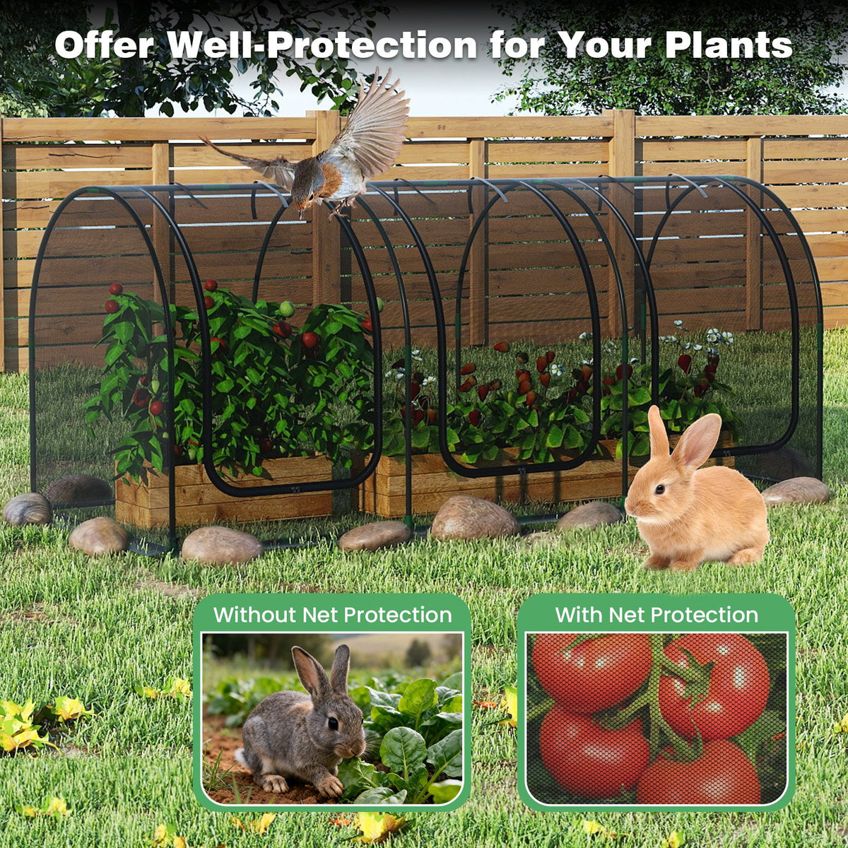 Tunnel Crop Cage Large Portable Plant Protection Tent with 3 Roll-up Zippered Doors view 6
