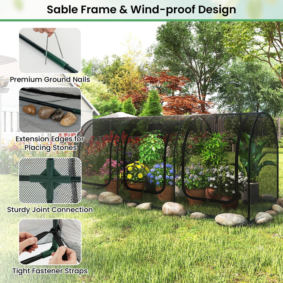 Tunnel Crop Cage Large Portable Plant Protection Tent with 3 Roll-up Zippered Doors view 9