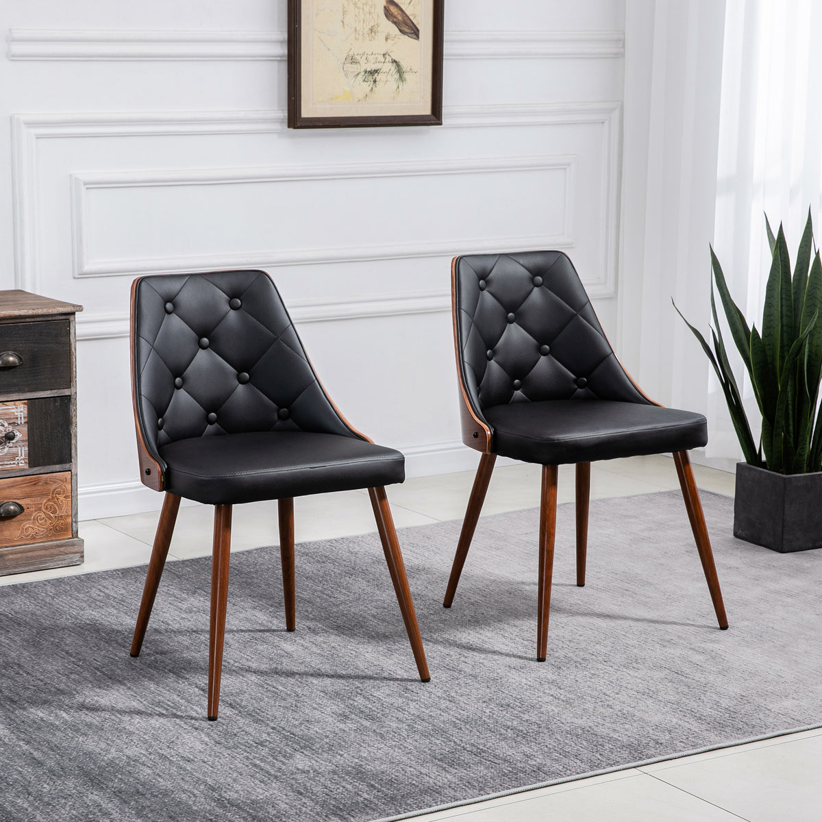Dining Chairs Set of 2, Tufted Kitchen Chairs, PU Leather Upholstered Seats and Steel Legs for Dining Room, Black