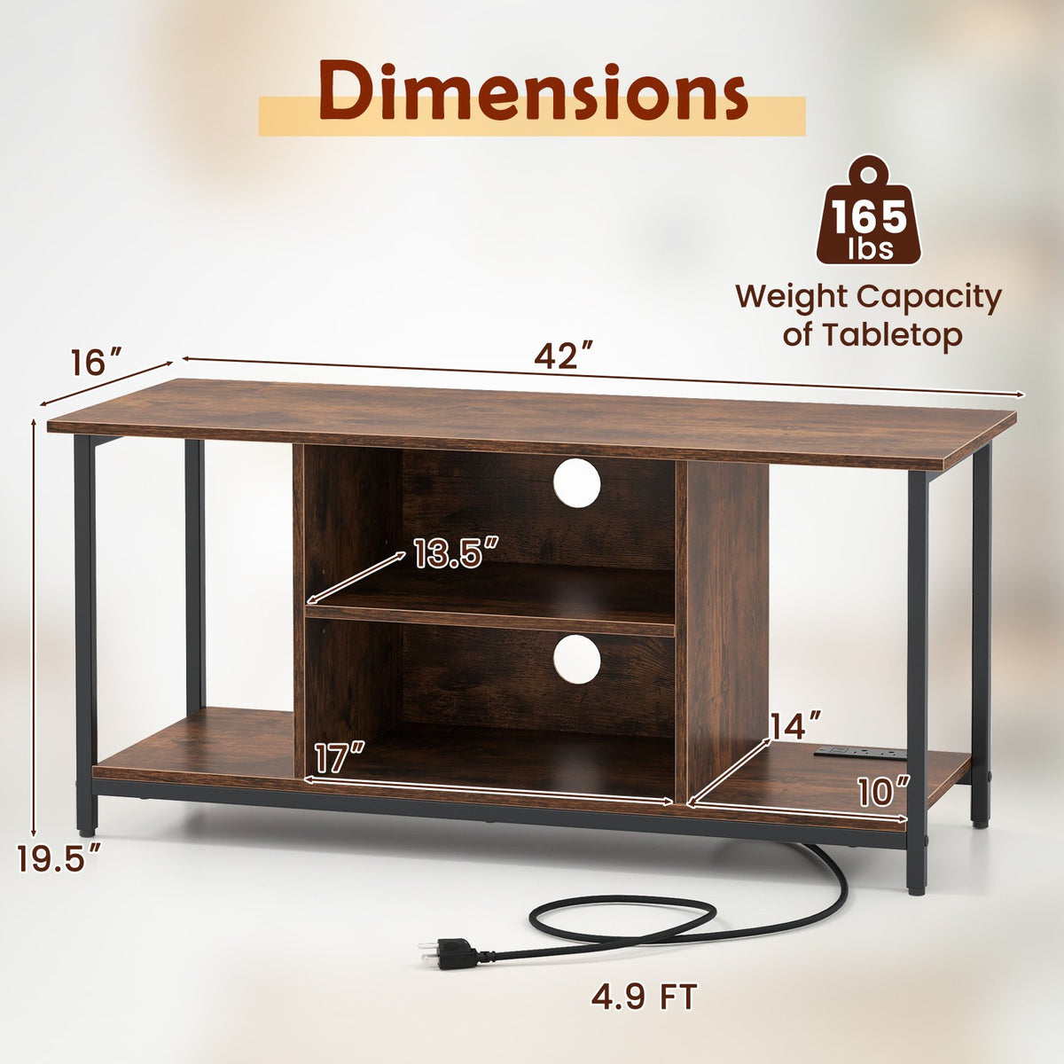 TV Stand Entertainment Center with Open Storage Shelves and Power Outlets to 50 Inches-Rustic Brown view 5