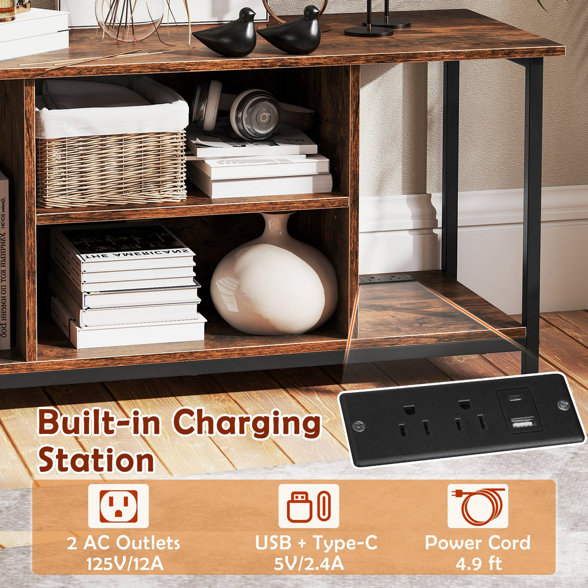 TV Stand Entertainment Center with Open Storage Shelves and Power Outlets to 50 Inches-Rustic Brown view 7
