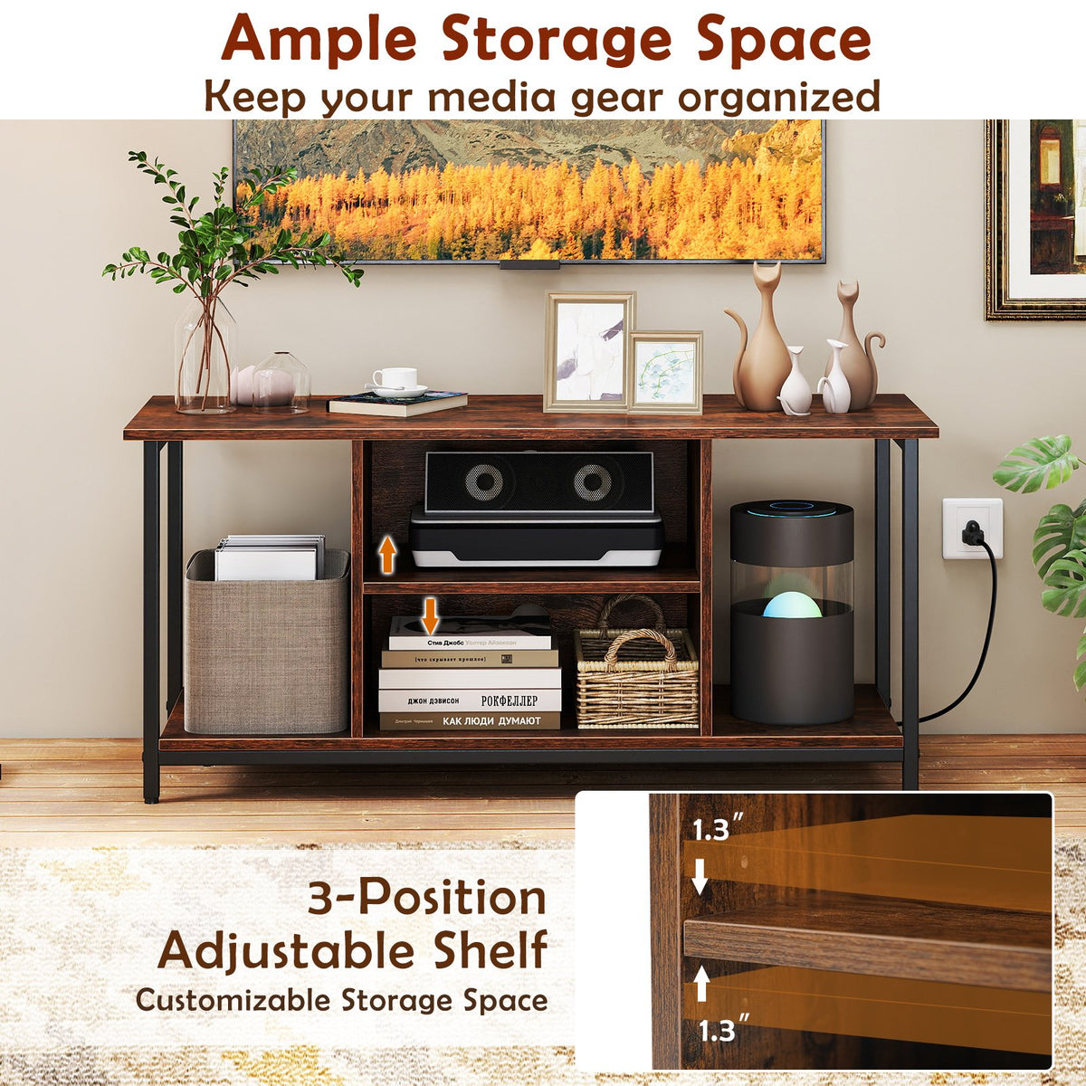 TV Stand Entertainment Center with Open Storage Shelves and Power Outlets to 50 Inches-Rustic Brown view 8