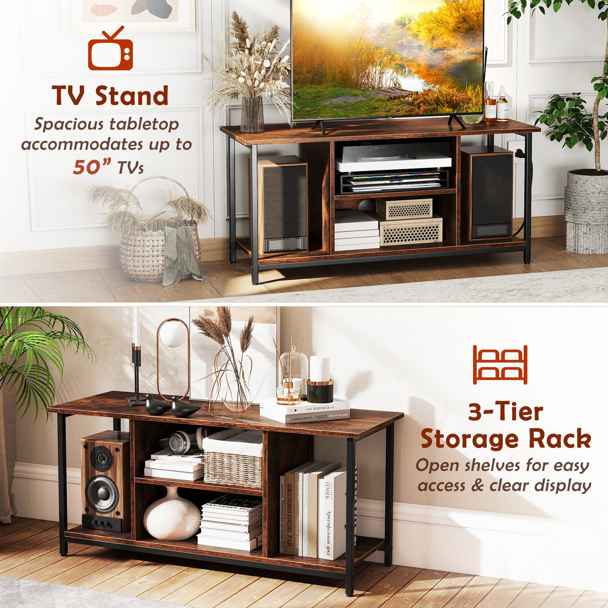 TV Stand Entertainment Center with Open Storage Shelves and Power Outlets to 50 Inches-Rustic Brown view 9