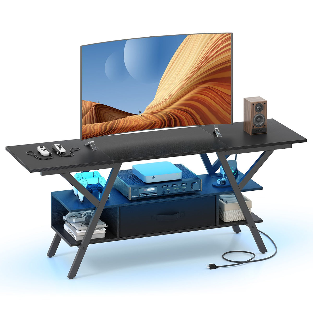 TV Stand for 65 Inch TVs with Power Outlets and LED Lights-Black