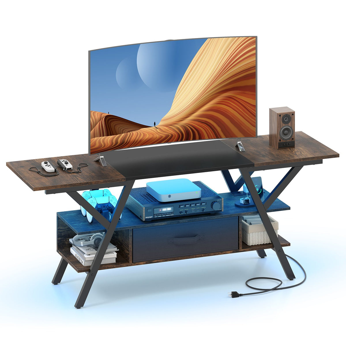 TV Stand for 65 Inch TVs with Power Outlets and LED Lights-Rustic Brown
