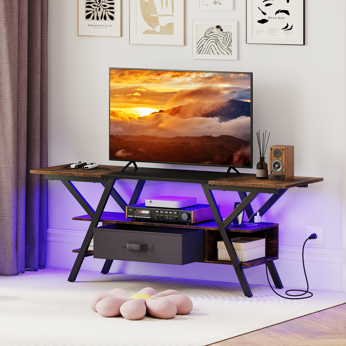 TV Stand for 65 Inch TVs with Power Outlets and LED Lights-Rustic Brown view 2