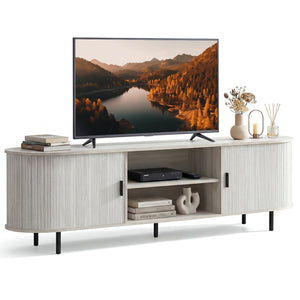 TV Stand for 80 Inch TVs Mid Century Modern Entertainment Center with Fluted Sliding Doors-Natural