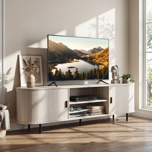 TV Stand for 80 Inch TVs Mid Century Modern Entertainment Center with Fluted Sliding Doors-Natural view 2