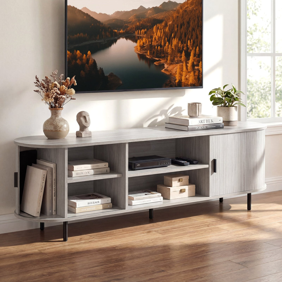 TV Stand for 80 Inch TVs Mid Century Modern Entertainment Center with Fluted Sliding Doors-Natural view 3
