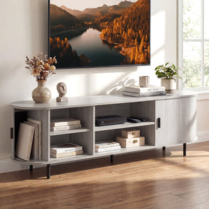 TV Stand for 80 Inch TVs Mid Century Modern Entertainment Center with Fluted Sliding Doors-Natural view 3