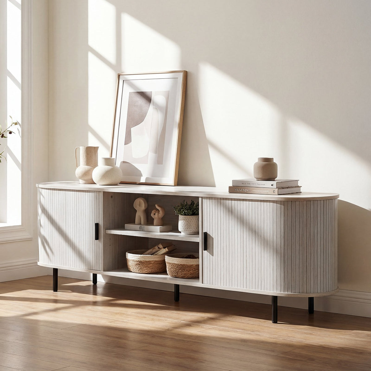 TV Stand for 80 Inch TVs Mid Century Modern Entertainment Center with Fluted Sliding Doors-Natural view 6