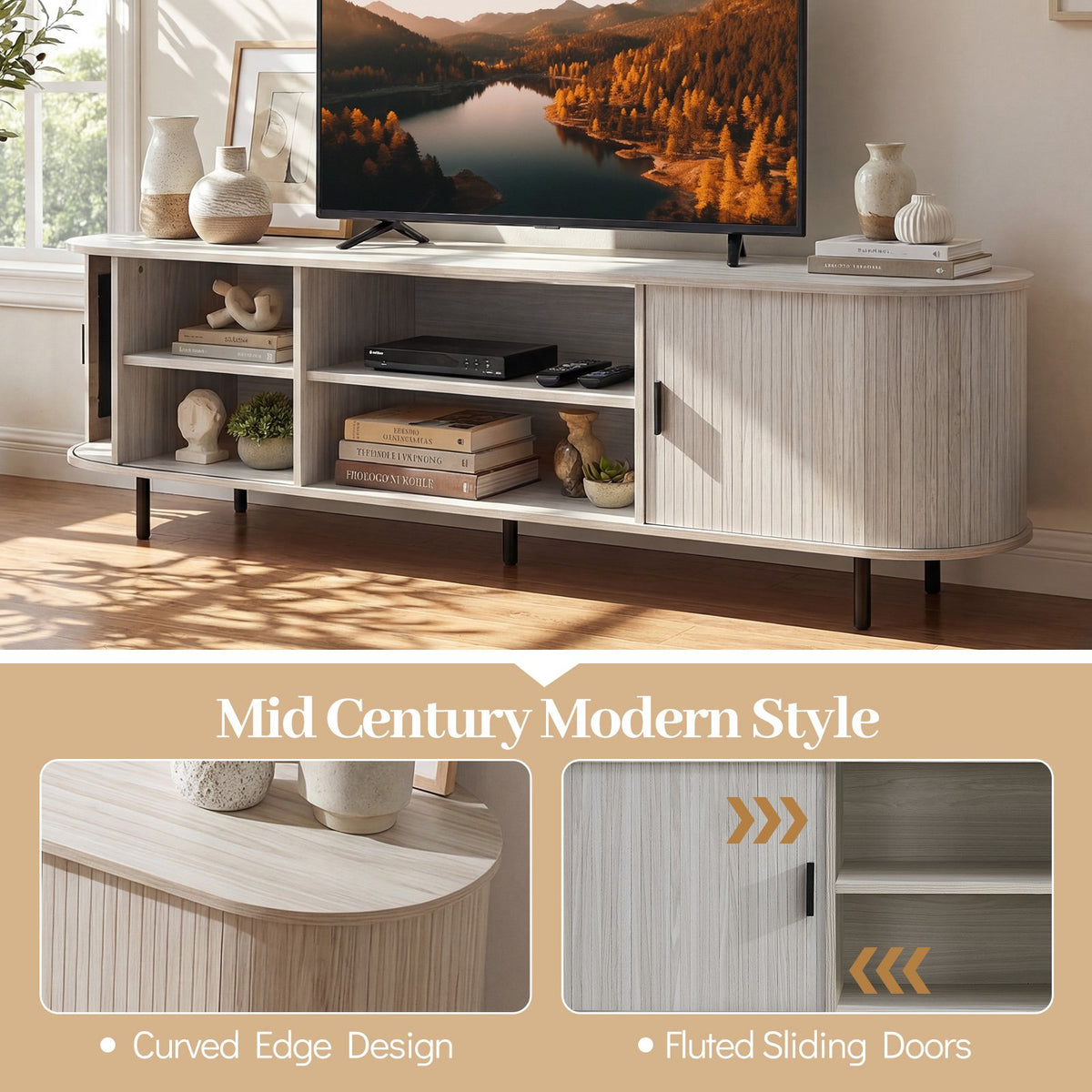 TV Stand for 80 Inch TVs Mid Century Modern Entertainment Center with Fluted Sliding Doors-Natural view 8