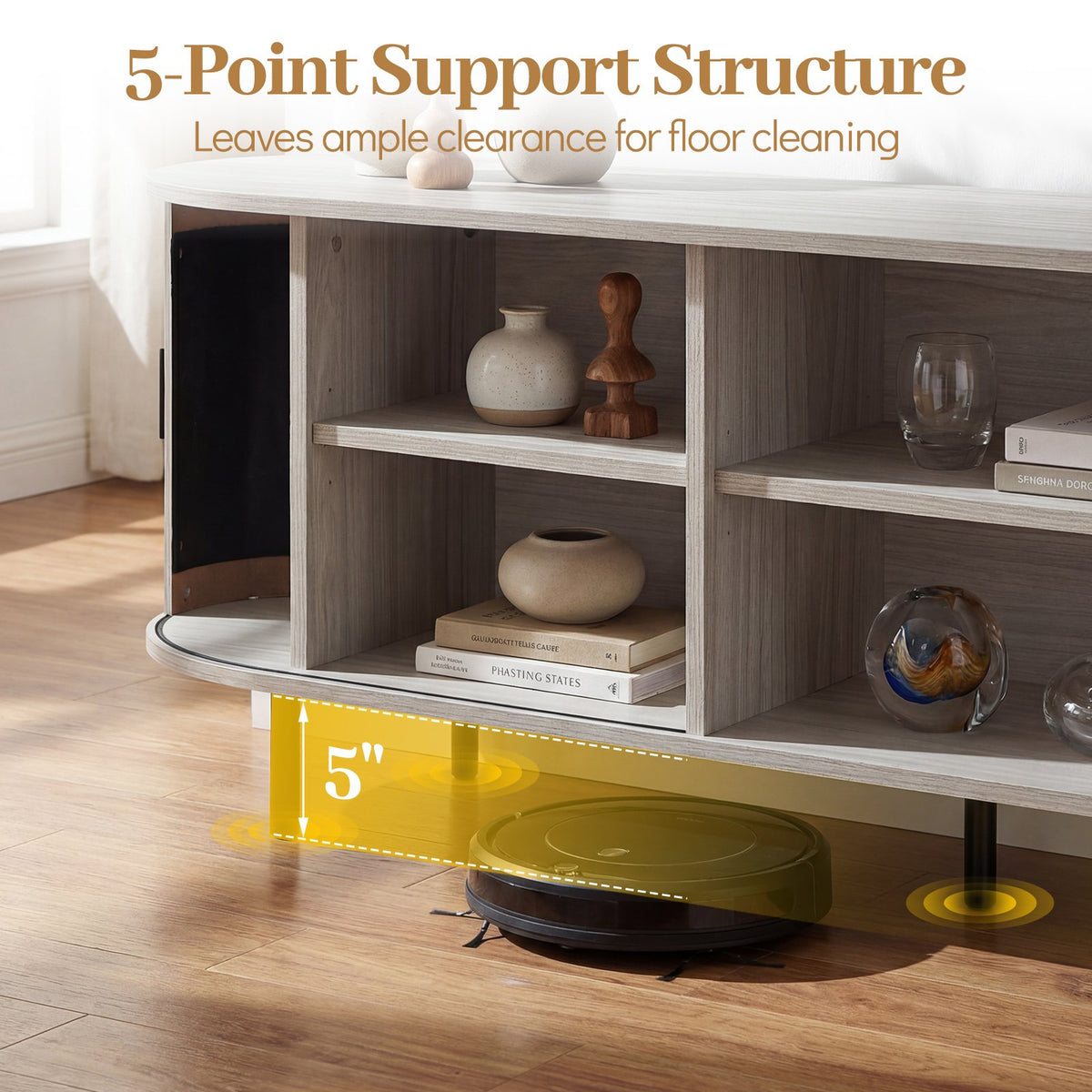 TV Stand for 80 Inch TVs Mid Century Modern Entertainment Center with Fluted Sliding Doors-Natural view 9