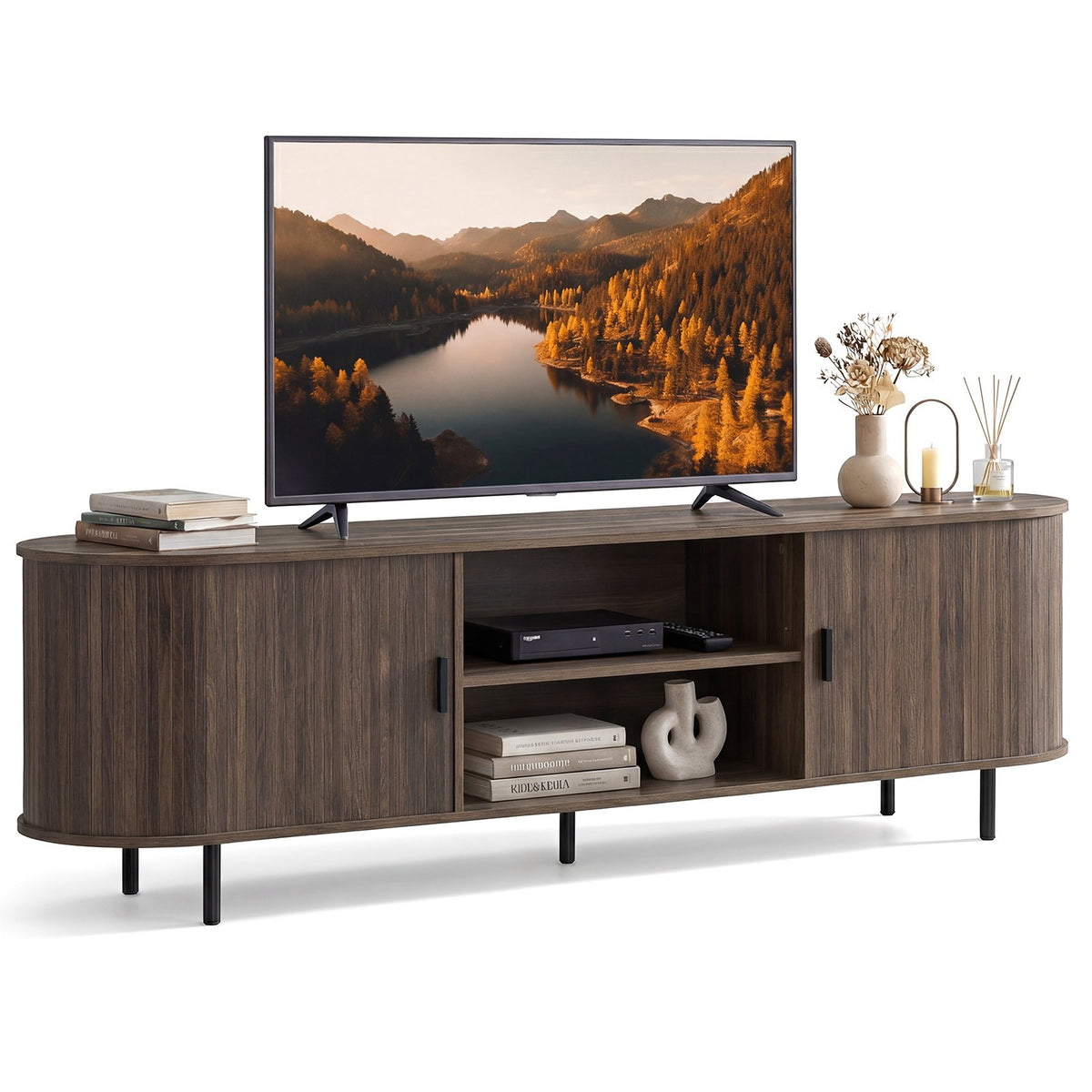 TV Stand for 80 Inch TVs Mid Century Modern Entertainment Center with Fluted Sliding Doors-Walnut