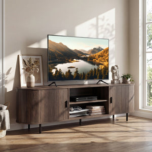 TV Stand for 80 Inch TVs Mid Century Modern Entertainment Center with Fluted Sliding Doors-Walnut view 2