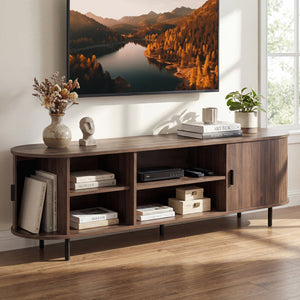 TV Stand for 80 Inch TVs Mid Century Modern Entertainment Center with Fluted Sliding Doors-Walnut view 3