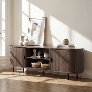 TV Stand for 80 Inch TVs Mid Century Modern Entertainment Center with Fluted Sliding Doors-Walnut view 6
