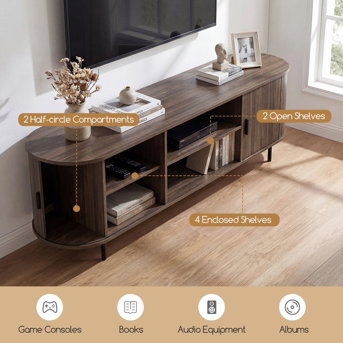 TV Stand for 80 Inch TVs Mid Century Modern Entertainment Center with Fluted Sliding Doors-Walnut view 7