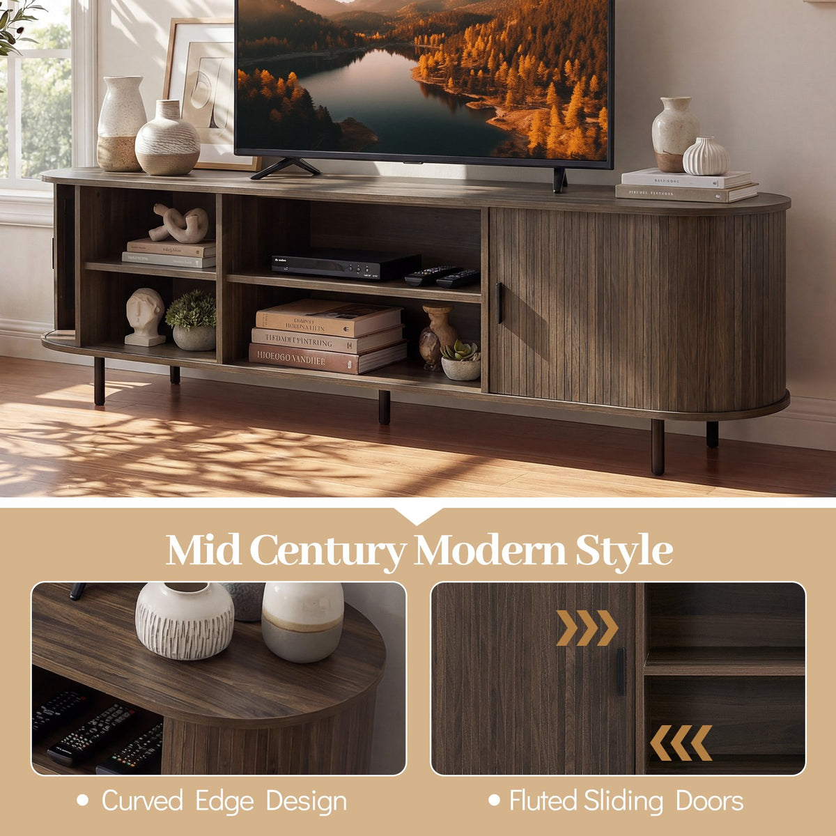 TV Stand for 80 Inch TVs Mid Century Modern Entertainment Center with Fluted Sliding Doors-Walnut view 8