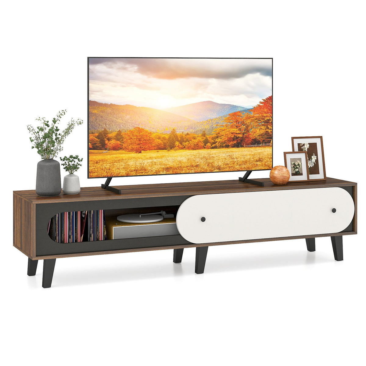 TV Stand for 80 Inch TVs Mid Century Modern Entertainment Center with Sliding Door Cabinet-Walnut