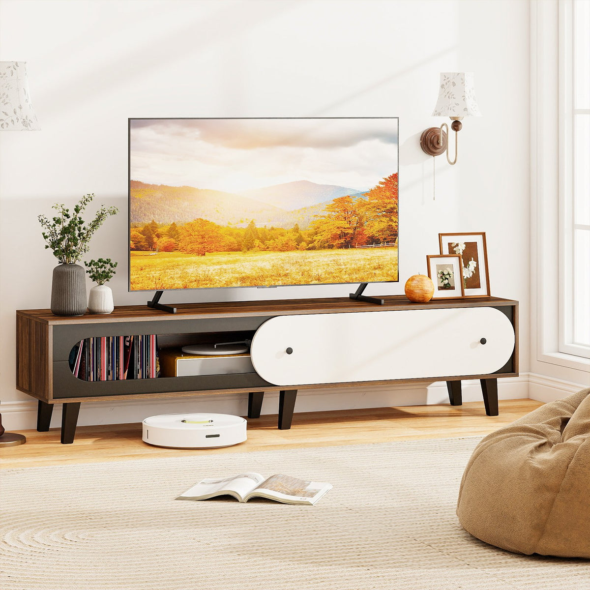 TV Stand for 80 Inch TVs Mid Century Modern Entertainment Center with Sliding Door Cabinet-Walnut view 2