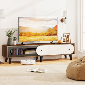 TV Stand for 80 Inch TVs Mid Century Modern Entertainment Center with Sliding Door Cabinet-Walnut view 2