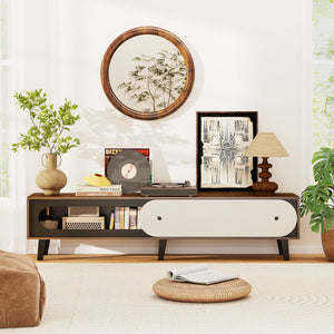 TV Stand for 80 Inch TVs Mid Century Modern Entertainment Center with Sliding Door Cabinet-Walnut view 3
