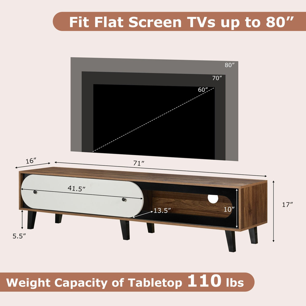 TV Stand for 80 Inch TVs Mid Century Modern Entertainment Center with Sliding Door Cabinet-Walnut view 5