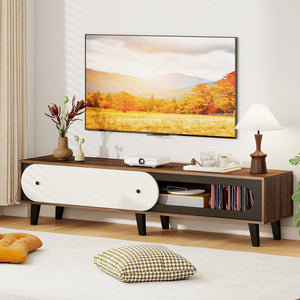 TV Stand for 80 Inch TVs Mid Century Modern Entertainment Center with Sliding Door Cabinet-Walnut view 6