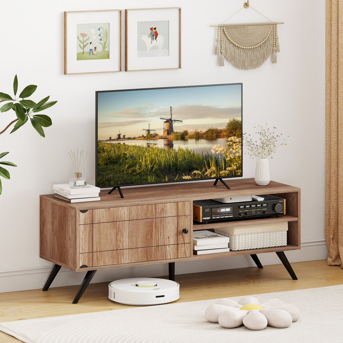 TV Stand for TVs up to 55 Inch Mid Century Modern Entertainment Center with Storage Cabinet-Oak view 2